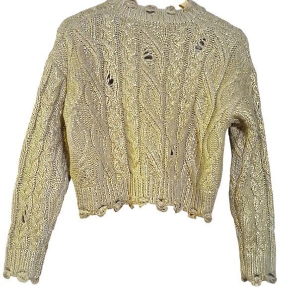 ZARA Wheat with Metallic Gold Shimmer Wool Blend Crop Crew Cable Knit Sweater - Picture 2 of 12